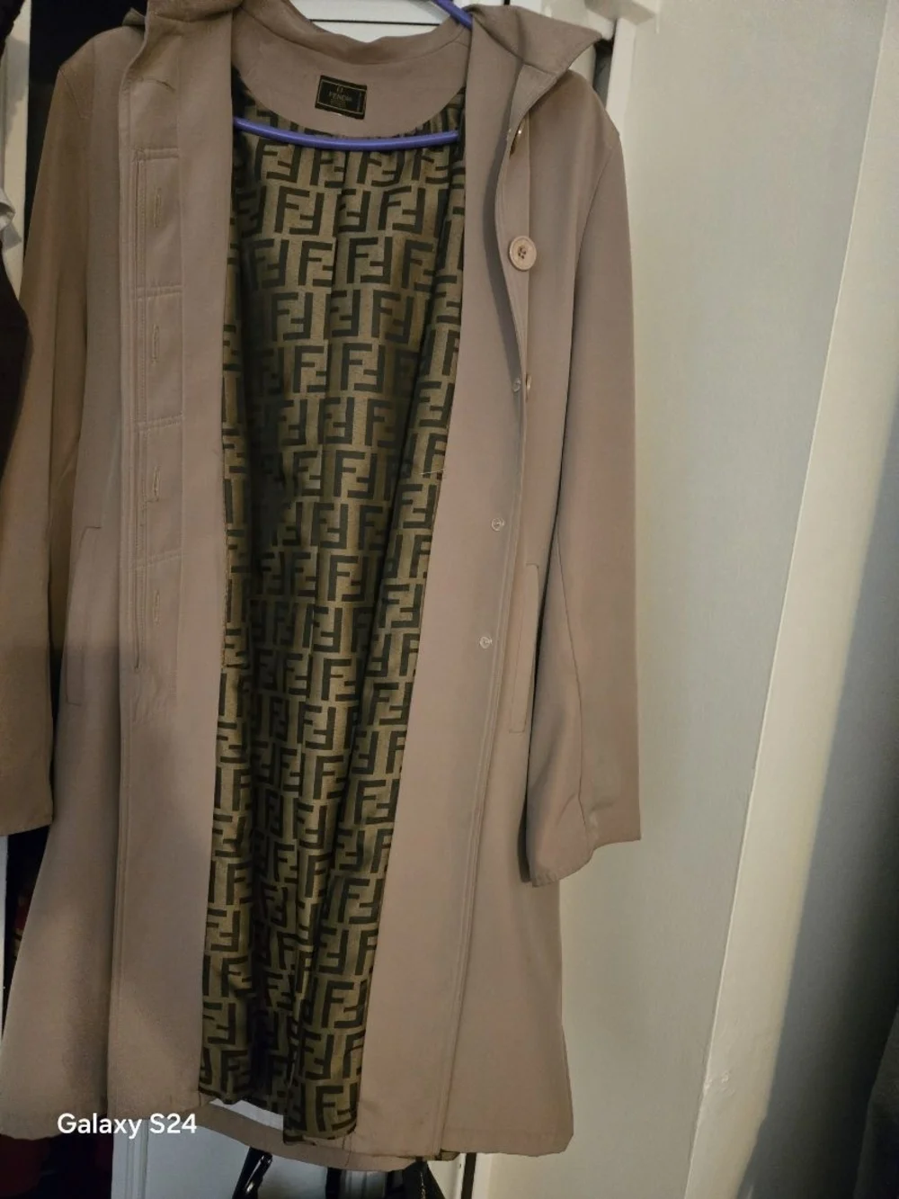 Fendi Monogram Lined Hooded Coat in Taupe